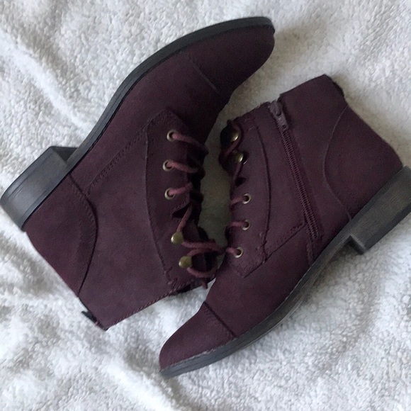 Express Shoes - Maroon Suede Lace Up Combat Biker Ankle Booties